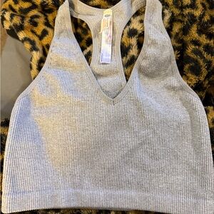 FP Movement by Free People Light Gray Ribbed V-Neck Racerback Crop Tank